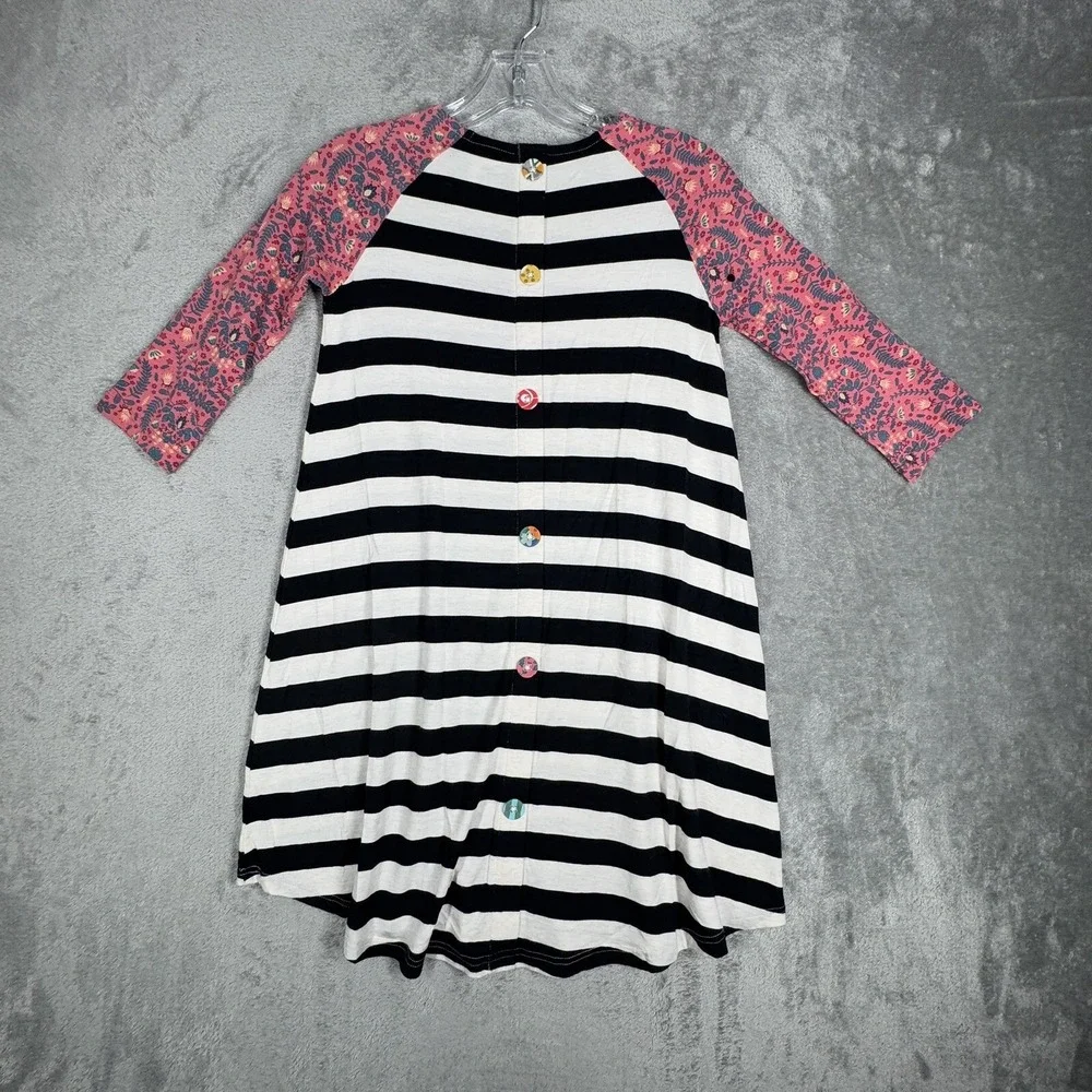 Matilda Jane Dress Girls 10 Black White Striped Floral Mixed‎ Media Button Back